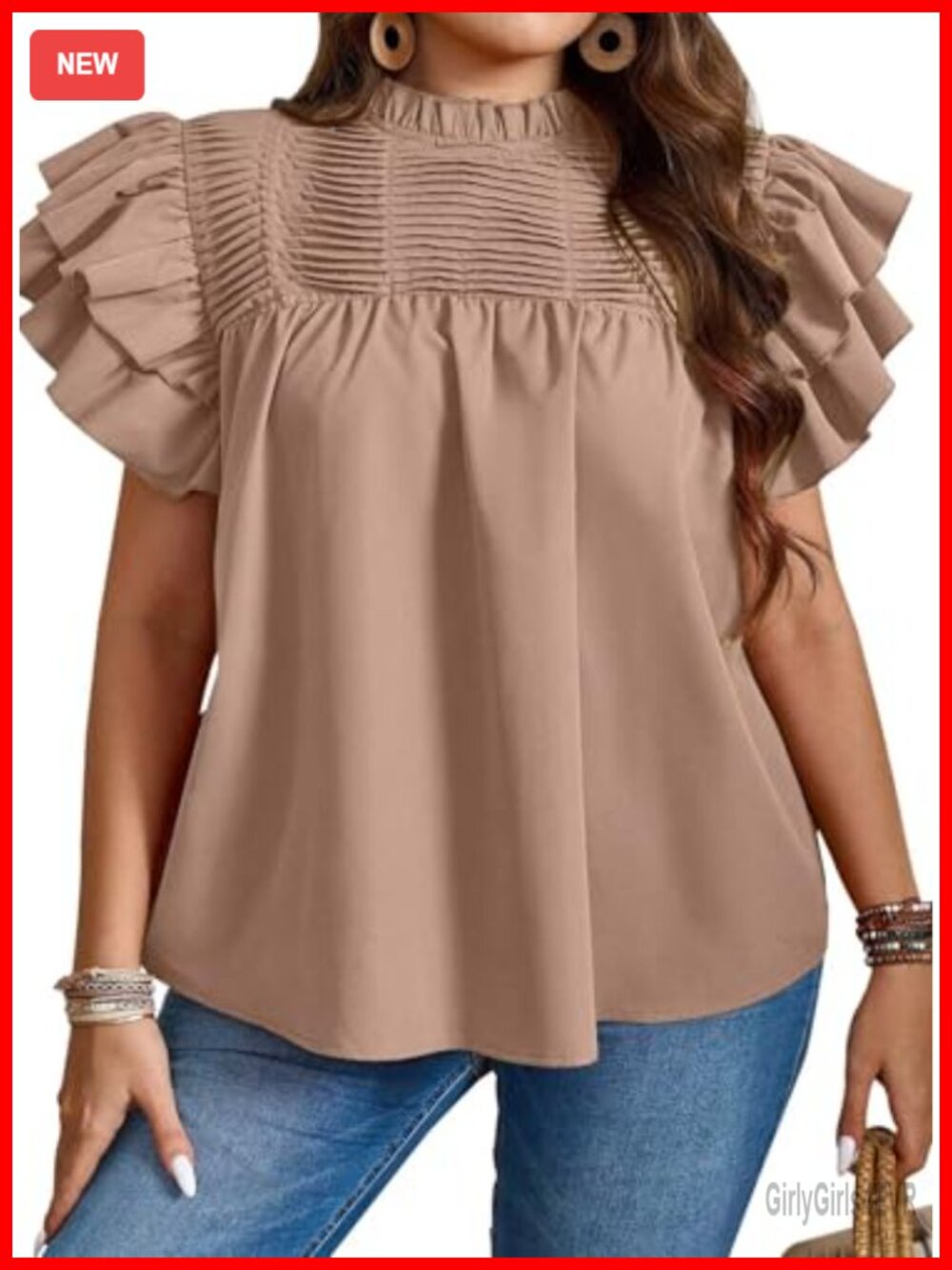 Womens Plus Size Ruffle Sleeve Mock Neck Pleated Blouse Loose Fit Summer Top